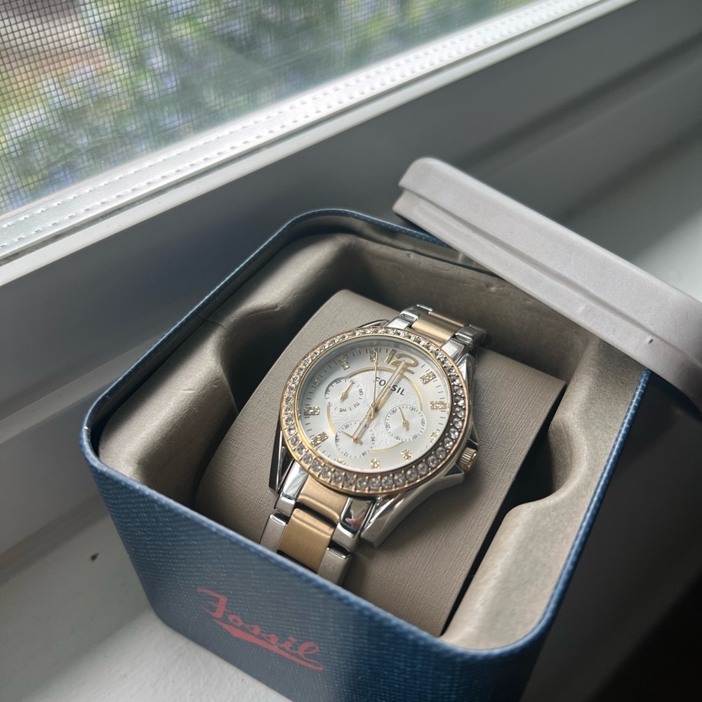 Fossil Gold and Silver Watch with Crystal Bezel